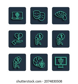 Set line Broken heart or divorce, Psychology, Psi, Psychologist online, Tear cry eye, Man graves funeral sorrow,  and Head with question mark icon. Vector