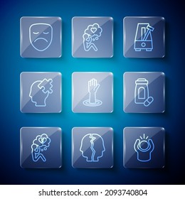 Set line Broken heart or divorce, Bipolar disorder, Anger, Metronome with pendulum, Helping hand, Solution to the problem, Drama theatrical mask and Sedative pills icon. Vector