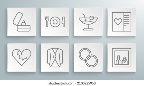 Set Line Broken Heart Or Divorce, Plate, Fork And Knife, Suit, Wedding Rings, Family Photo, Cocktail, Postcard With And  Icon. Vector