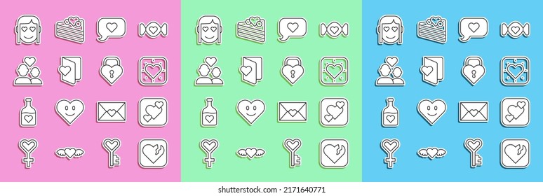 Set Linie gebrochenes Herz oder Scheidung, Herz, in Sprache Blase, Valentinstag Flyer, Lover Pärchen, Romantisches Mädchen und Schloss die Form der Ikone. Vektorgrafik