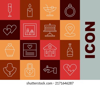 Set Line Broken Heart Or Divorce, Champagne Bottle, Location With, Cocktail, Family Photo, Heart, Glass Of Champagne And Cake Plate Icon. Vector