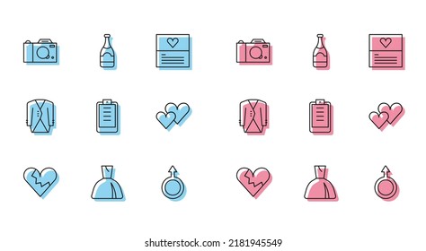 Set line Broken heart or divorce, Woman dress, Photo camera, Male gender symbol, Clipboard with checklist, Heart, Suit and Champagne bottle icon. Vector