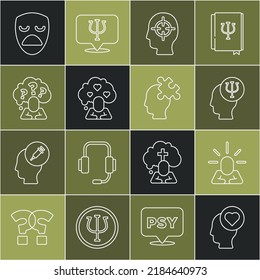 Set line Broken heart or divorce, Depression, Psychology, Psi, Finding problem, Head with question mark, Drama theatrical mask and Solution to icon. Vector
