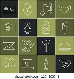Set line Broken heart or divorce, Covered with tray, Ice cream, Music note, tone hearts, Diamond engagement ring, Photo camera, Valentines day party flyer and Chocolate candy icon. Vector
