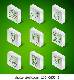 Set line Broken heart or divorce, Dating app online, Bedroom, Music note, tone with hearts, Ice cream, Amour and arrow, Heart and Candy icon. Vector