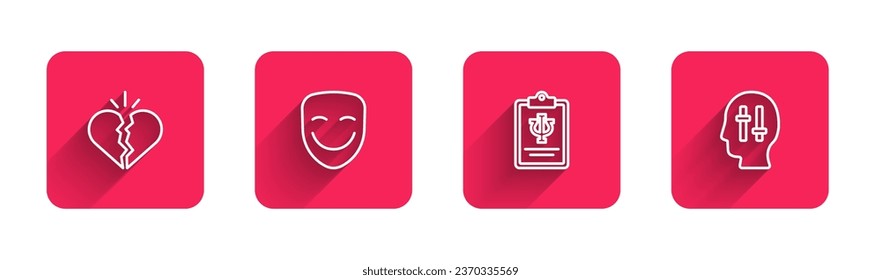 Set line Broken heart or divorce, Comedy theatrical mask, Psychology, Psi and Solution to problem with long shadow. Red square button. Vector