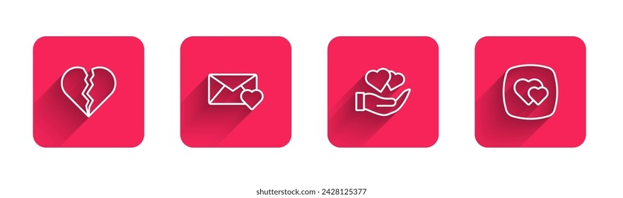 Set line Broken heart or divorce, Envelope with Valentine, Heart hand and  with long shadow. Red square button. Vector