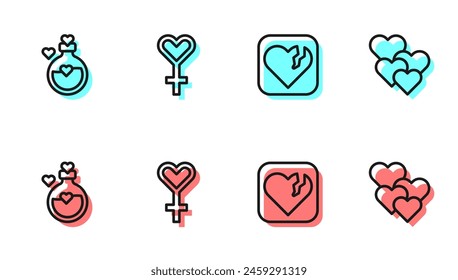 Corazón roto o divorcio, Botella con poción de amor, Símbolo de género femenino e icono de corazón. Vector