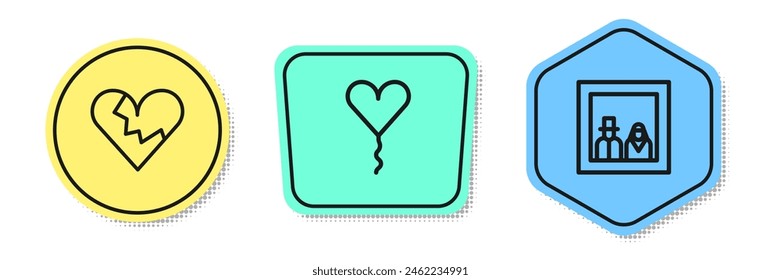 Set line Broken heart or divorce, Balloon in form of and Family photo. Colored shapes. Vector