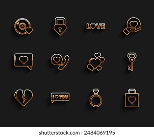 Corazón roto o divorcio, Burbuja del habla con te amo, música romántica, anillos de boda, bolso de compras, discurso del teléfono, forma de la llave e icono del corazón. Vector