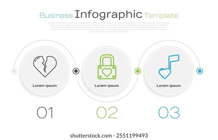 Set line Broken heart or divorce, Lock and heart and Music note, tone with hearts. Business infographic template. Vector