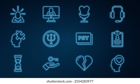 Set line Broken heart or divorce, Medical clipboard, Armchair, Psychology, Psi, Solution to the problem, Depression,  and Psychologist online icon. Vector