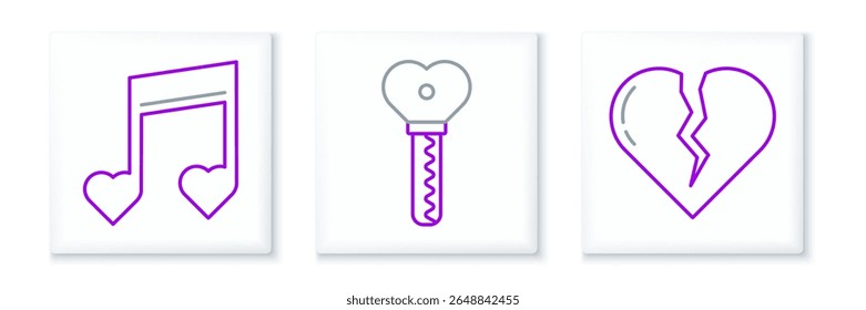 Set line Broken heart or divorce, Music note, tone with hearts and Key in shape icon. Vector