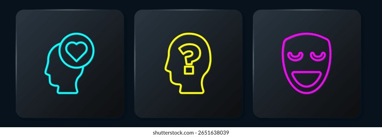 Set line Broken heart or divorce, Comedy theatrical mask and Head with question mark. Black square button. Vector
