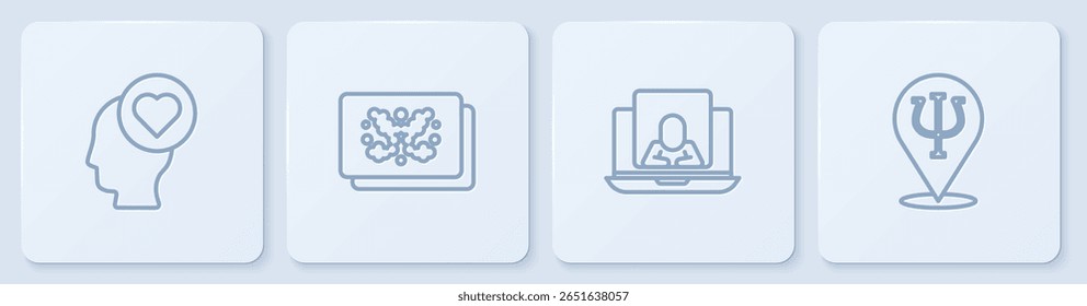 Set line Broken heart or divorce, Psychologist online, Rorschach test and Psychology, Psi. White square button. Vector