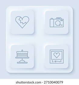 Set line Broken heart or divorce, Photo camera, Cake on plate and frames and hearts. White square button. Vector