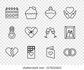 Set line Broken heart, Wedding rings, Bottle with love potion, Chocolate bar, Calendar, Candy shaped box, Valentines day flyer and Picture frame icon. Vector