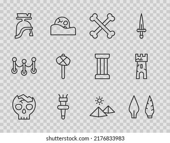 Set line Broken human skull, Stone age arrow head, Crossed bones, Torch flame, Roman army helmet, hammer, Egypt pyramids and Castle tower icon. Vector