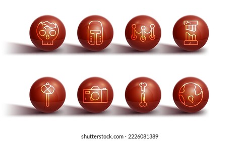 Línea Rota calavera humana, Martillo de edad de piedra, columna antigua, hueso roto humano, cámara fotográfica, casco de hierro medieval, globo terrestre e icono de la barrera de los árboles. Vector