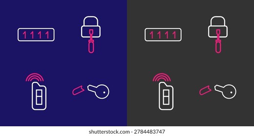 Set line Broken key, Car with remote, Lock picks for lock picking and Password protection icon. Vector