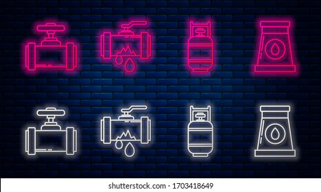 Set-Linie Braken Metallrohr mit Leck Wasser, Propan-Gas-Tank, Industrie Metallrohre und Ventil und Öl-und Gas-Industrie-Gebäude. Leuchtendes Neonsymbol an der Ziegelwand. Vektorillustration
