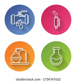Fijar la tubería Tubo de metal roto con agua de fuga, boquilla de bomba de gasolina, edificio industrial de aceite y gas y tubo de ensayo y matraz. Botón de círculo de color. Vector