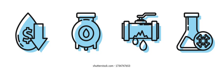 Set line Broken metal pipe with leaking water, Drop in crude oil price, Oil and gas industrial factory building and Antifreeze test tube icon. Vector