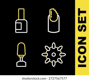 Set line Clavo roto, clavos falsos, fresa para manicura y botella de icono de pulido. Vector