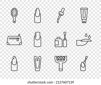 Set line Broken nail, Nail manicure, Pipette with oil, cutter, file, and icon. Vector