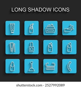 Definir linha Unha quebrada, fresadora para manicura, Tubo de creme de mão, ralador de escova de pedicuro, Arquivo de unha, Poluente de garrafa, Manicure e ícone. Vetor