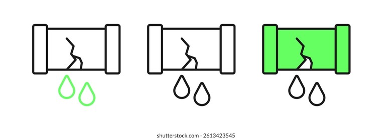 Set line Broken oil pipe with valve icon isolated on white background.  Vector