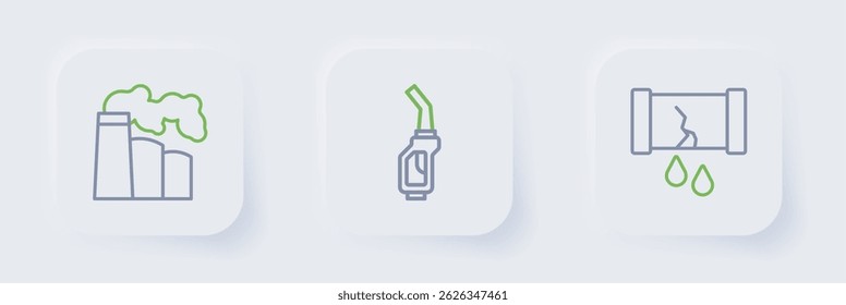 Set line Broken oil pipe with valve, Gasoline pump nozzle and Oil and gas industrial factory icon. Vector