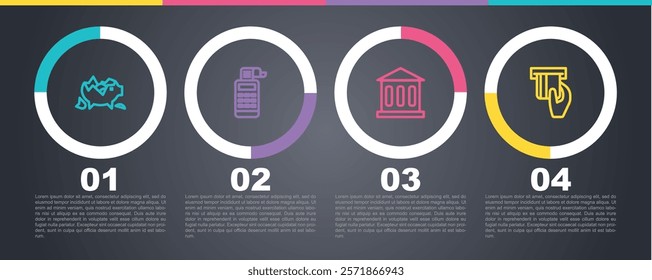 Set line Broken piggy bank, Cash register machine, Bank building and Credit card inserted. Business infographic template. Vector