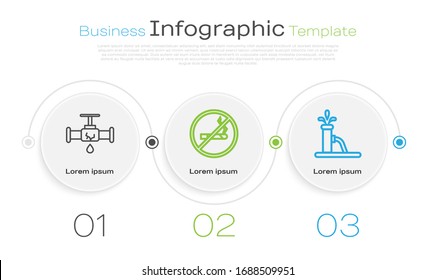 Set line Broken pipe with leaking water, No Smoking and Oil pump or pump jack. Business infographic template. Vector