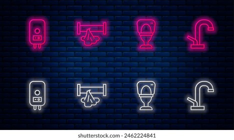 Set line Broken pipe, Toilet bowl, Electric boiler and Water tap. Glowing neon icon on brick wall. Vector