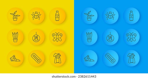 Set line Broken pot, Plant in, hanging, on stand, Butterfly, Bottle of water and Beetle bug icon. Vector