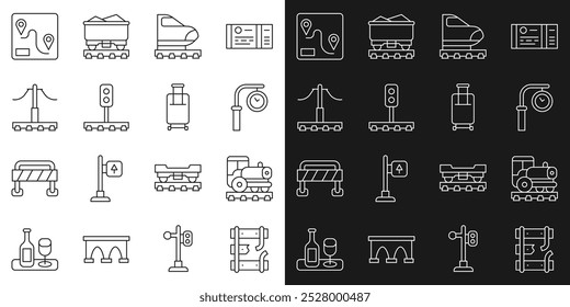 Fije los carriles rotos en un ferrocarril, locomotora de Antiguas, reloj de la estación de tren, tren de alta velocidad, semáforo, ferrocarril, ubicación de la ruta e ícono de la maleta. Vector