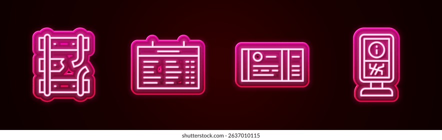 Set line Broken rails on a railway, Train station board, ticket and Information stand. Glowing neon icon. Vector