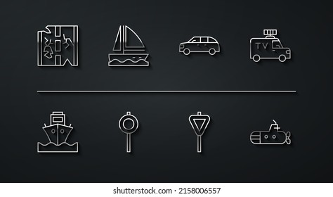 Set line Broken road, Cargo ship, TV News car, Road traffic signpost, Yacht sailboat, Submarine and Hatchback icon. Vector