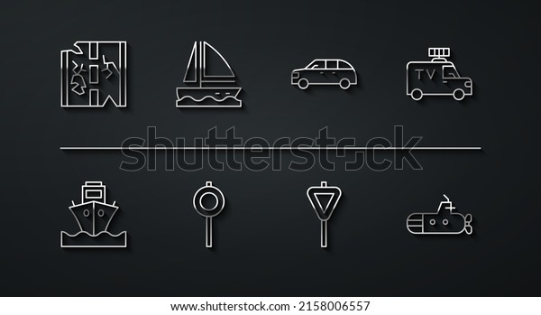 Set\
line Broken road, Cargo ship, TV News car, Road traffic signpost,\
Yacht sailboat, Submarine and Hatchback icon.\
Vector