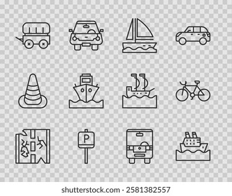 Set line Broken road, Cruise ship, Yacht sailboat, Parking, Wild west covered wagon, Cargo, Bus and Bicycle icon. Vector