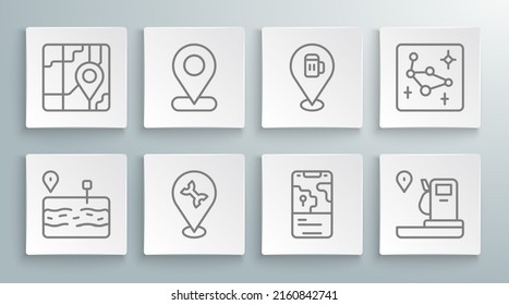 Set line Broken road, Location, Car service, City map navigation, and gas station, Alcohol or beer bar location, Great Bear constellation and  icon. Vector