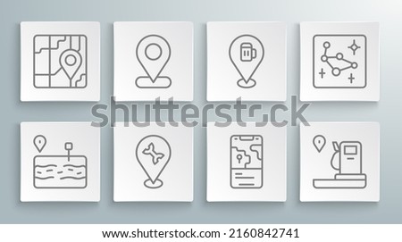 Set line Broken road, Location, Car service, City map navigation, and gas station, Alcohol or beer bar location, Great Bear constellation and  icon. Vector