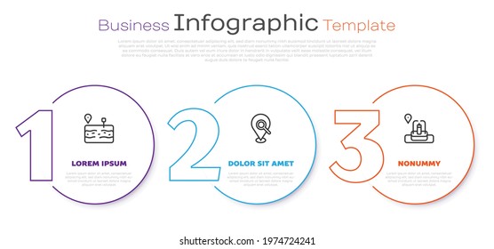Set line Broken road, Search location and Location with fountain. Business infographic template. Vector