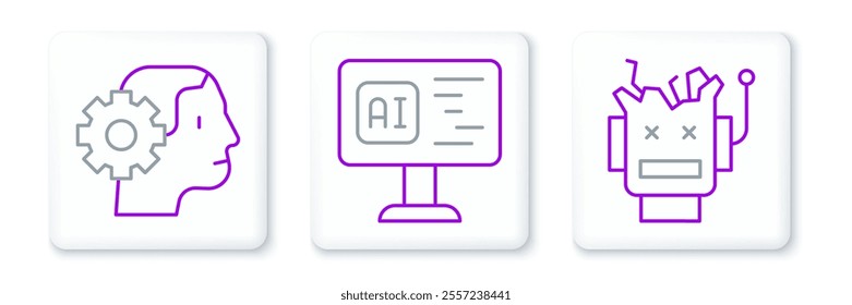 Set line Broken robot, Humanoid and Software icon. Vector
