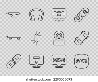 Set line Broken skateboard deck, Skateboard, wheel, T tool, Tool allen keys,  and  icon. Vector