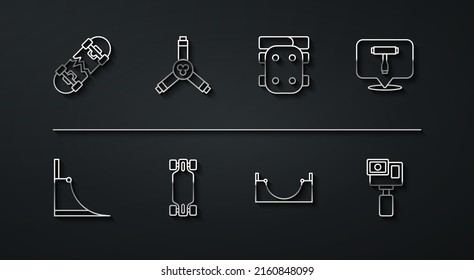 Set Line Broken Skateboard, Skate Park, Skateboard T Tool, Longboard oder, Y-Tool, Action Kamera und Knie Pads Symbol. Vektorgrafik