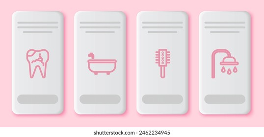 Set line Broken tooth, Bathtub, Hairbrush and Shower head. White rectangle button. Vector