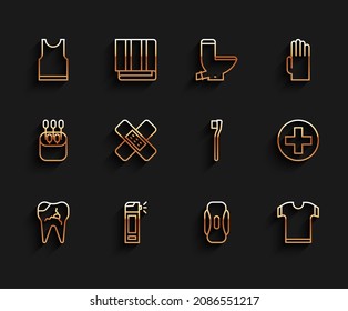 Fijar la línea Diente roto, Botella con spray de tobera, Camiseta sin mangas, servilleta Sanitaria, Envase de vendas cruzado, médico hospital e ícono de cepillo de dientes. Vector