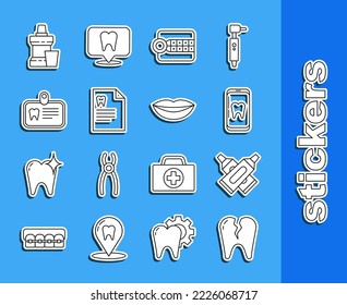 Set Linie Gebrochene Zähne, gekreuzte Tube der Zahnpasta, Online-Zahnpflege, Dentures-Modell, Zwischenablage mit Karte, Id, Mouthwash Plastikflasche und Lächeln Lippen Symbol. Vektorgrafik